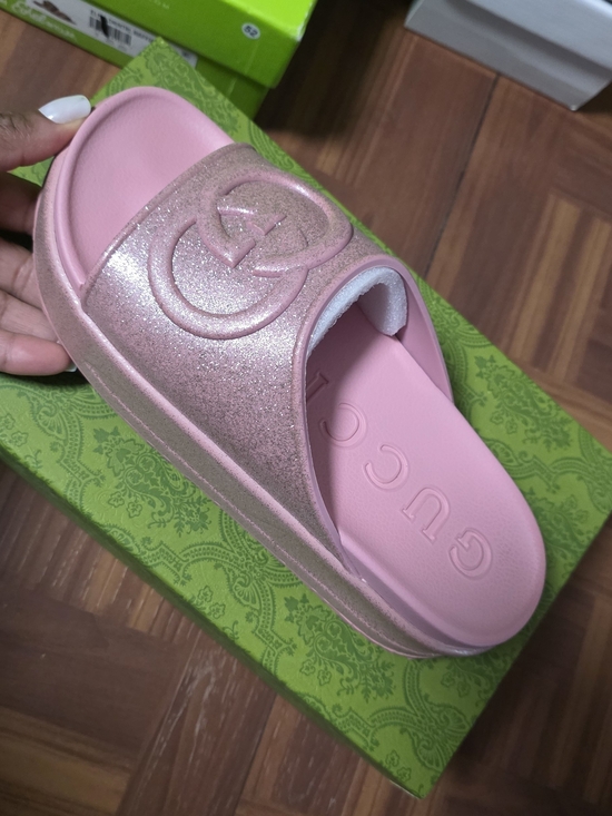 Gucci Shoes - Gucci Pink Glitter Logo Slide Sandal